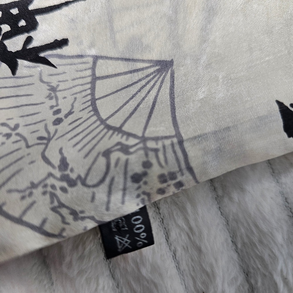 Silk Scarf Unisex Cream Black Calligraphy Fan Print Fringe Wrap Neutral Academia - Picture 5 of 9